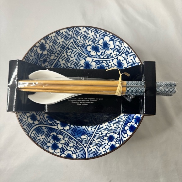 Other - SH Home Blue Cherry Blossom Noodle Bowl with Chopsticks & Spoons